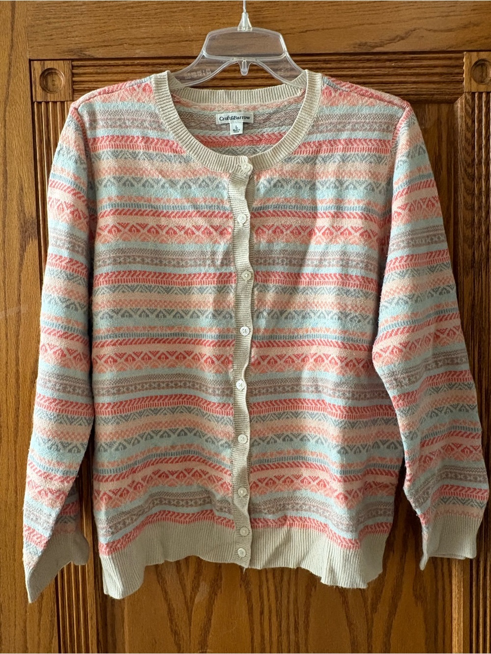 croft & barrow Coral and Light Blue Striped Crewneck Cardigan